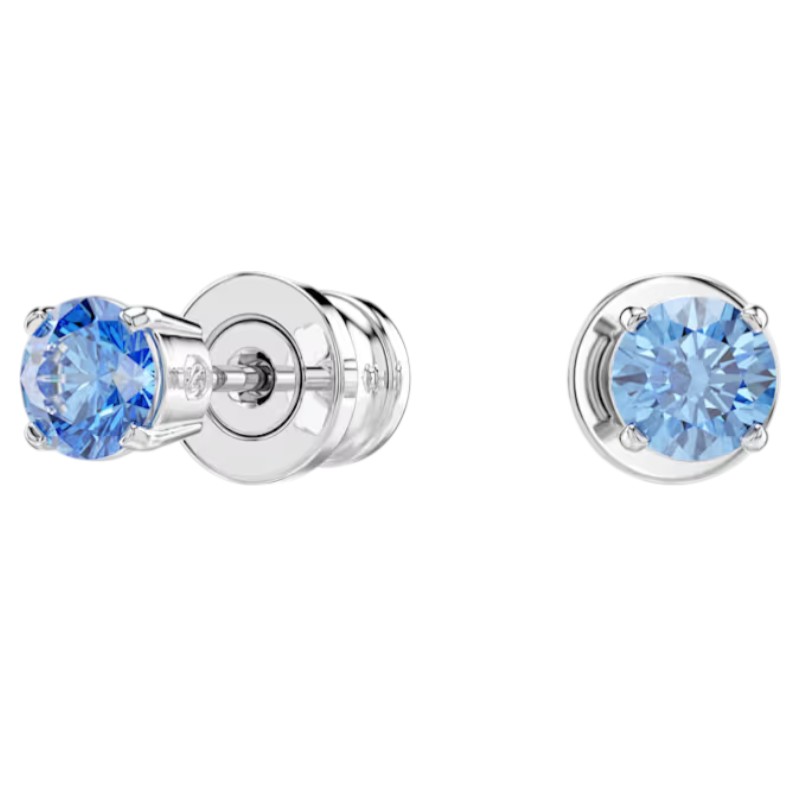 Swarovski Round Cut Stilla Attract Stud Earrings, Blue and Rhodium Plated