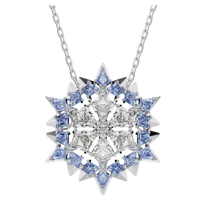 Swarovski Snowflake Magic Pendant Necklace and Brooch, Blue and Rhodium Plated