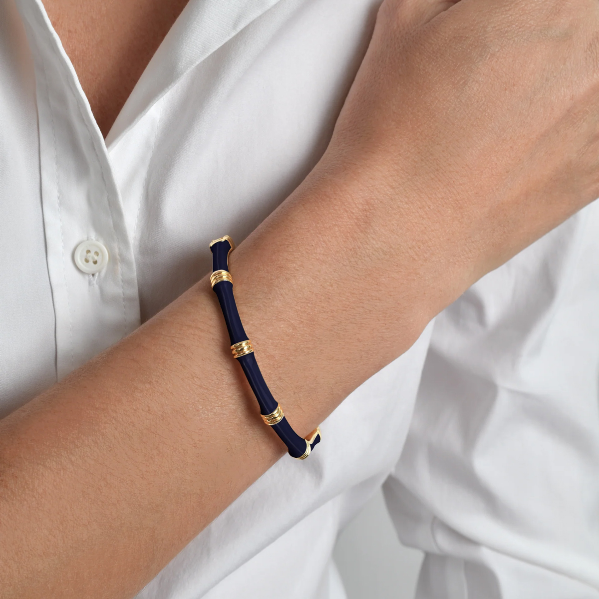 Anabel Aram Bamboo Enameled Hinged Bangle, Atlantic Navy Blue