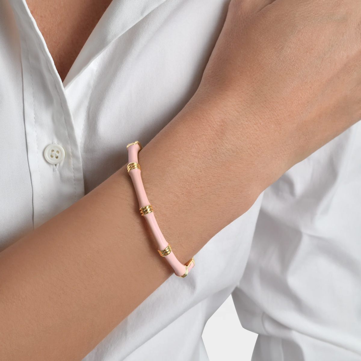 Anabel Aram Bamboo Enameled Hinged Bangle, Pale Pink