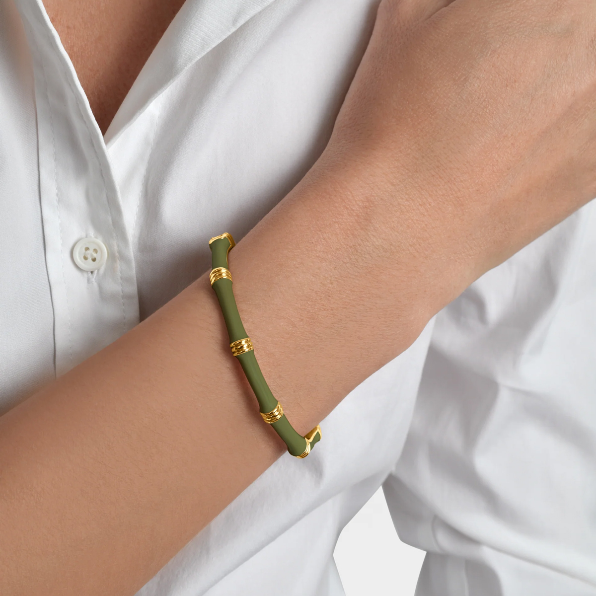 Anabel Aram Bamboo Enameled Hinged Bangle Bracelet, Olive Green