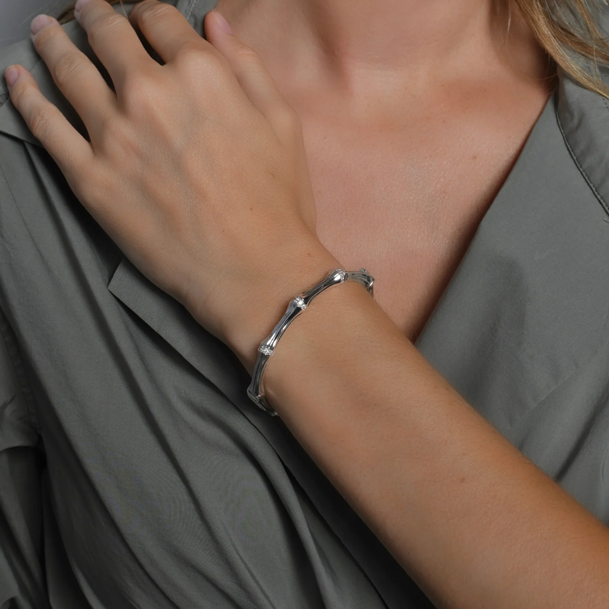 Anabel Aram Bamboo Hinged Bangle, Silver Plated Brass