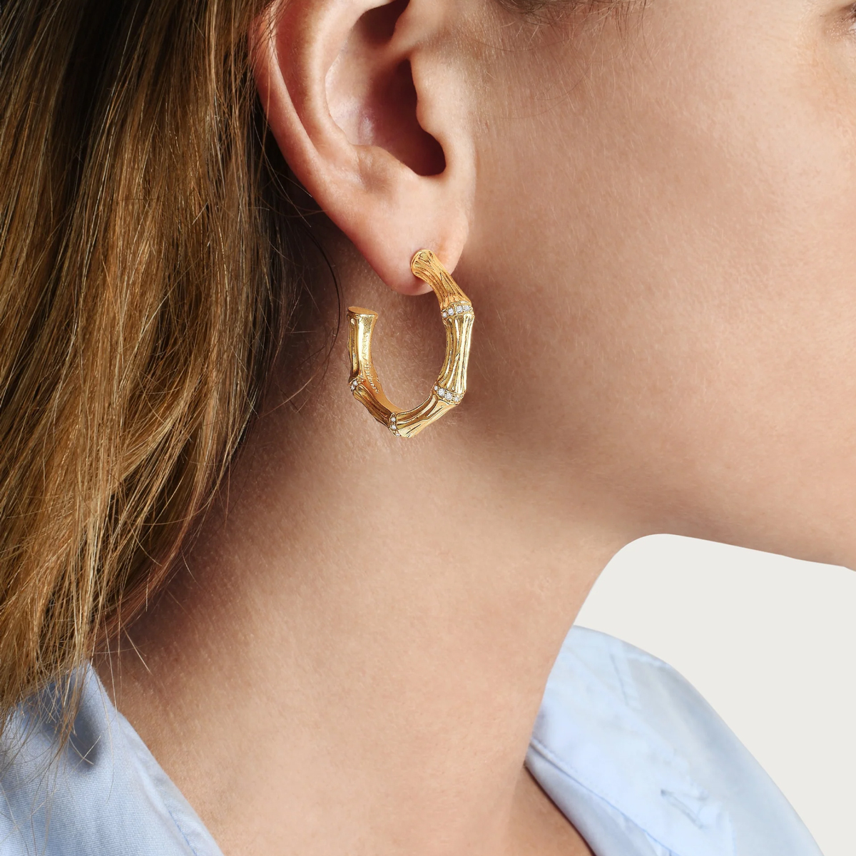 Anabel Aram Bamboo Medium Hoop Earrings, Gold Plated Brass and Crystal