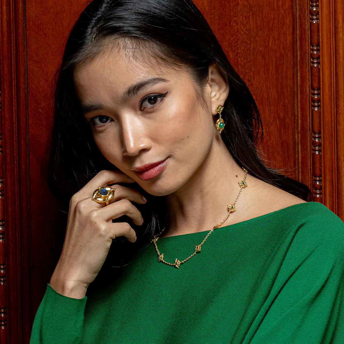 Capucine De Wulf Mystic Eye Post Drop Earrings, Green Onyx