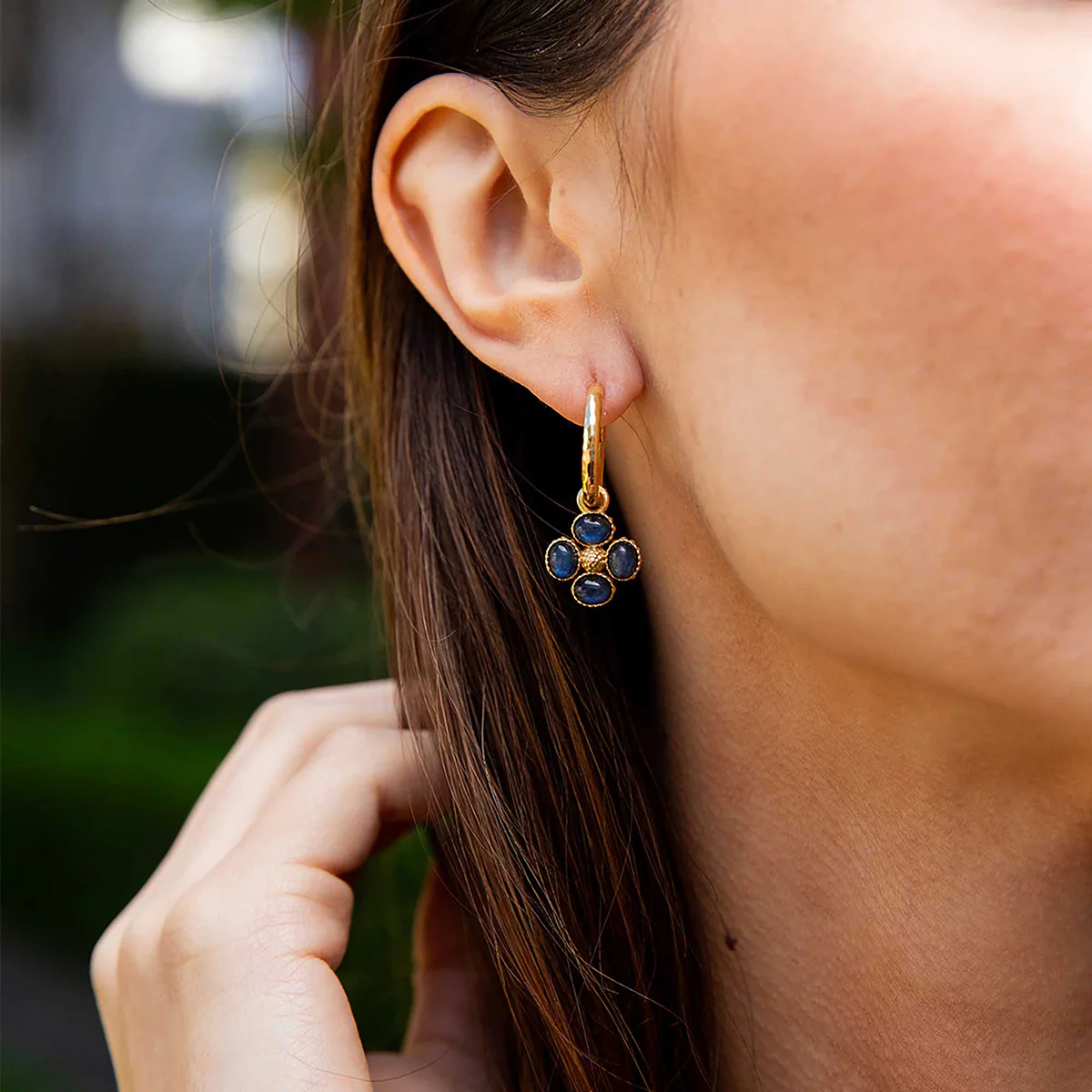 Capucine De Wulf Berry Clover Hoop Earrings with Double Sided Charm, Blue Labradorite