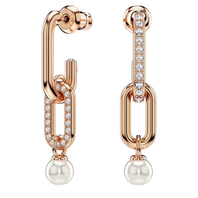 Swarovski Crystal Pearl Round Cut Constella Drop Earrings, White and Rose Gold Tone Plated