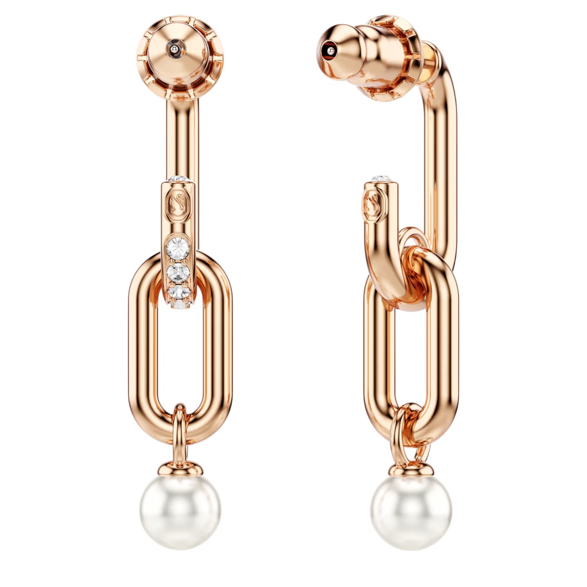 Swarovski Crystal Pearl Round Cut Constella Drop Earrings, White and Rose Gold Tone Plated