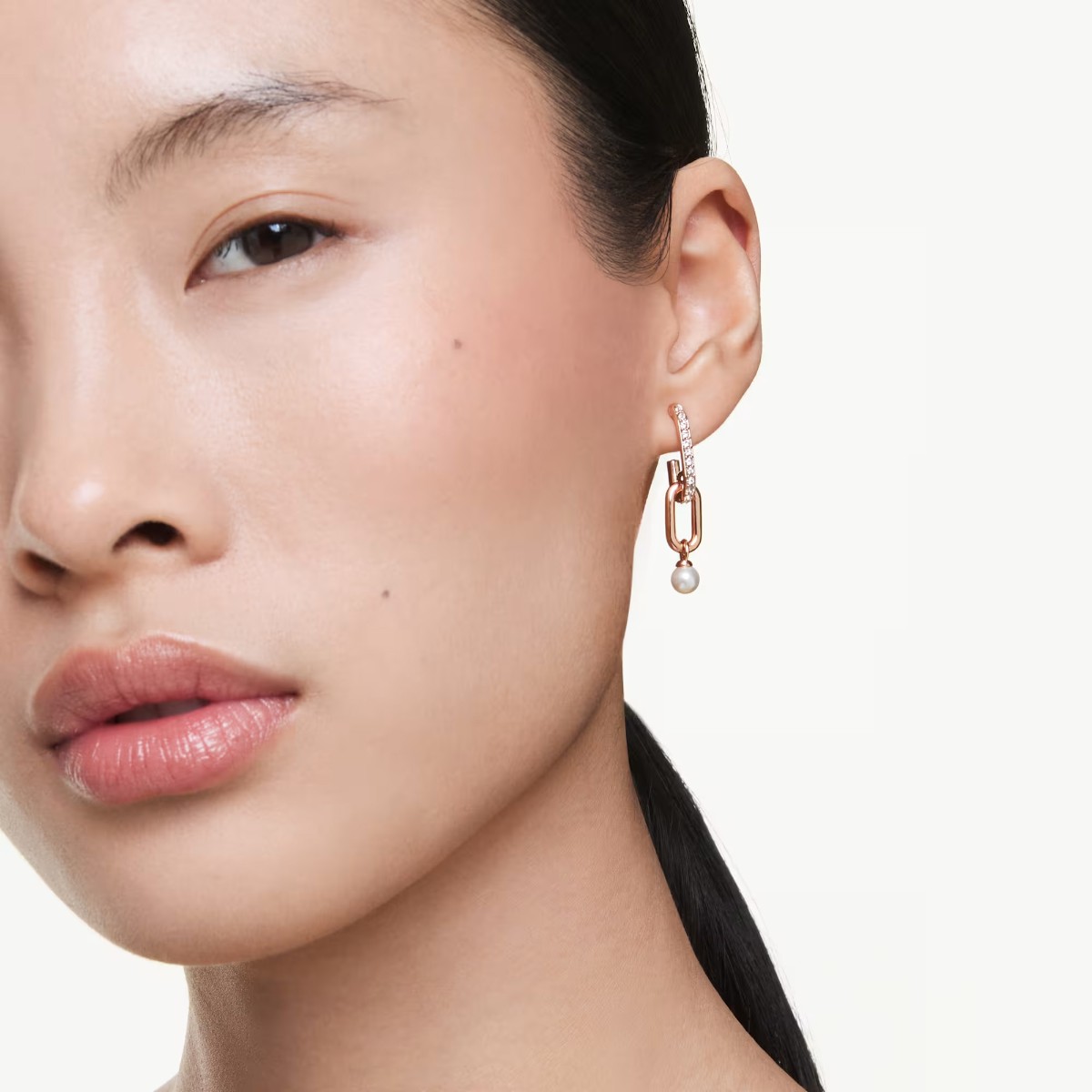 Swarovski Crystal Pearl Round Cut Constella Drop Earrings, White and Rose Gold Tone Plated