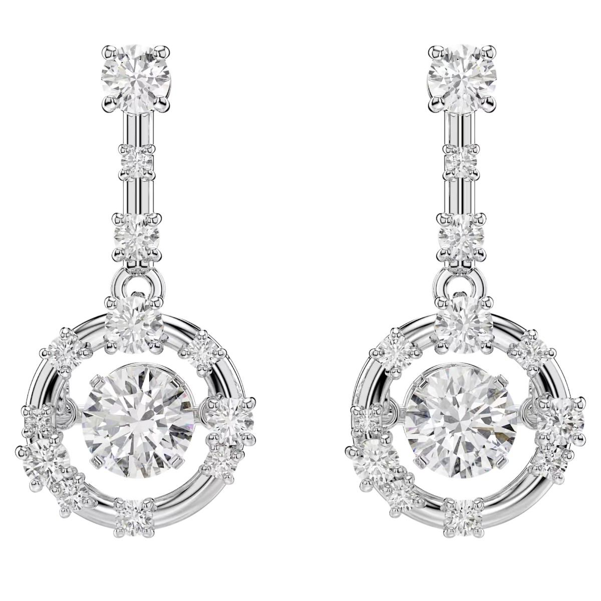 Swarovski Round Cut Dancing Stone Constella Drop Earrings, White and Rhodium Plated