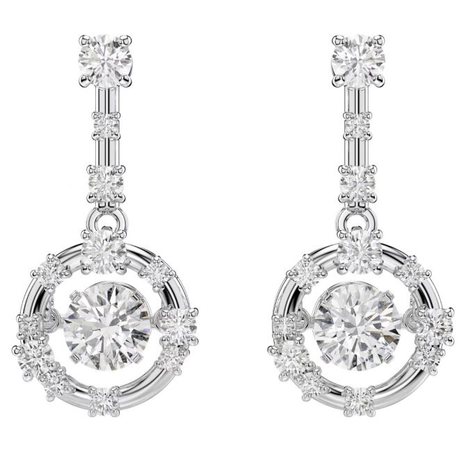 Swarovski Round Cut Dancing Stone Constella Drop Earrings, White and Rhodium Plated