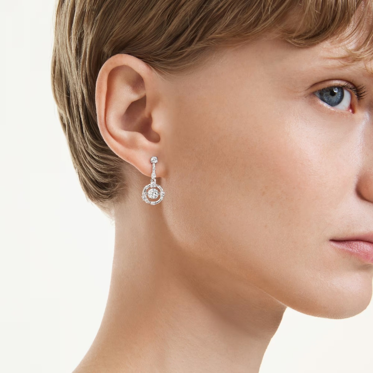 Swarovski Round Cut Dancing Stone Constella Drop Earrings, White and Rhodium Plated