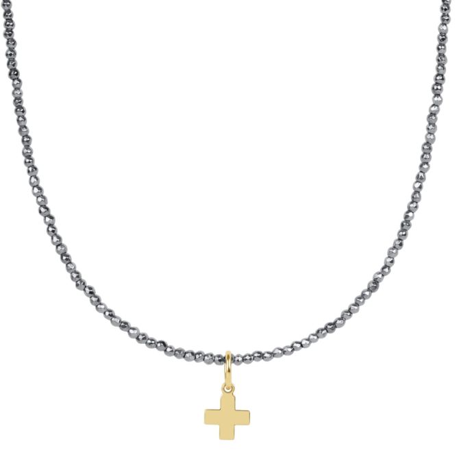 Enewton Choker Signature Cross Gold Charm and Silver Faceted Hematite 2mm Bead Necklace, 15"