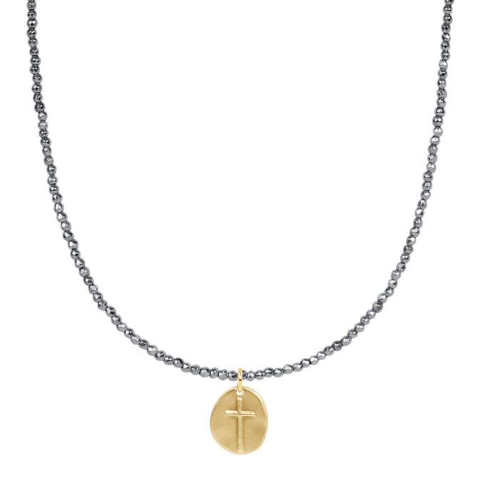 Enewton Choker Inspire Small Gold Charm and Silver Faceted Hematite 2mm Bead Necklace, 15"