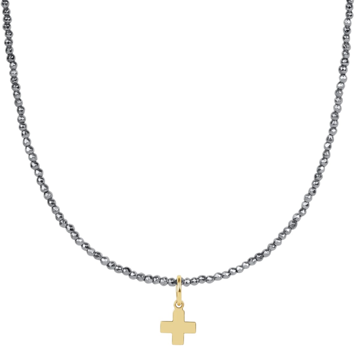 Enewton Choker Signature Cross Gold Charm and Silver Faceted Hematite 2mm Bead Necklace, 15