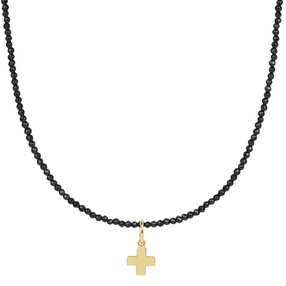 Enewton Choker Signature Cross Gold Charm and Faceted Hematite 2mm Bead Necklace, 15