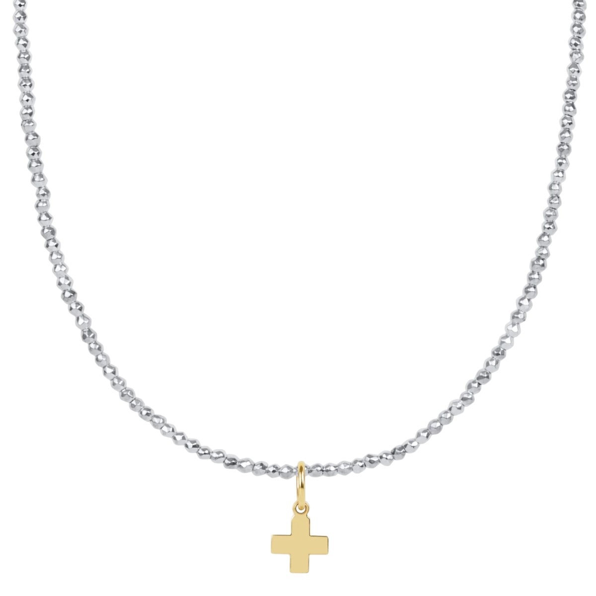 Enewton Choker Signature Cross Gold Charm and  Bright Silver Faceted Hematite 2mm Bead Necklace, 15