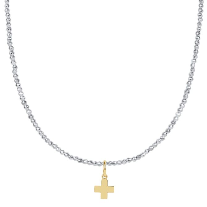 Enewton Choker Signature Cross Gold Charm and  Bright Silver Faceted Hematite 2mm Bead Necklace, 15"