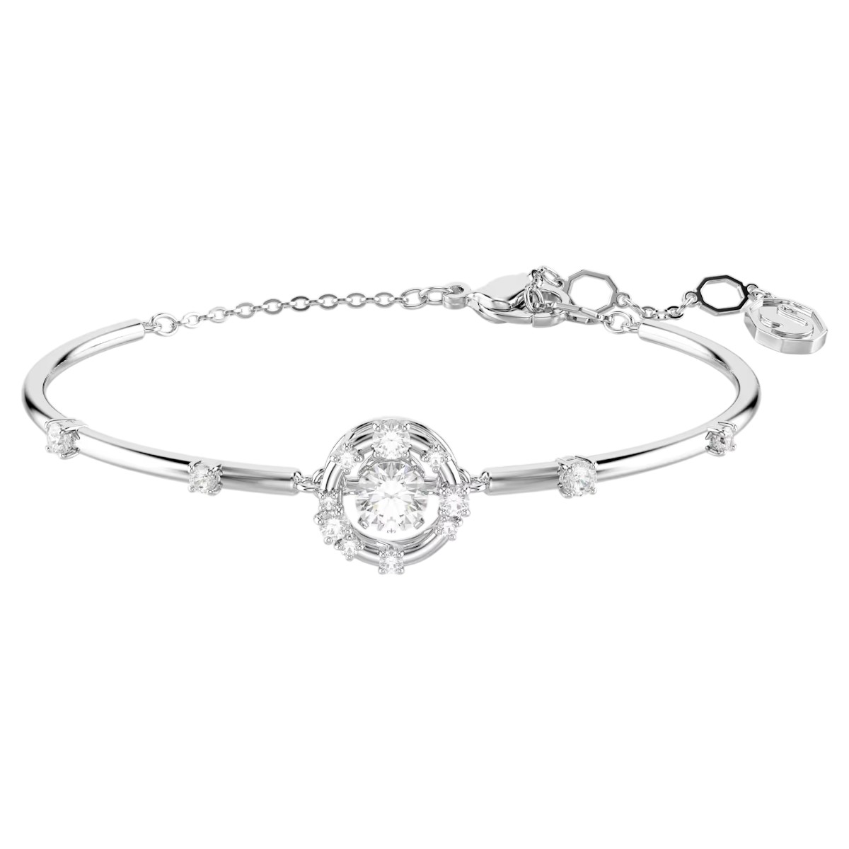 Swarovski Round Cut Dancing Stone Constella Bangle Bracelet, White and Rhodium Plated