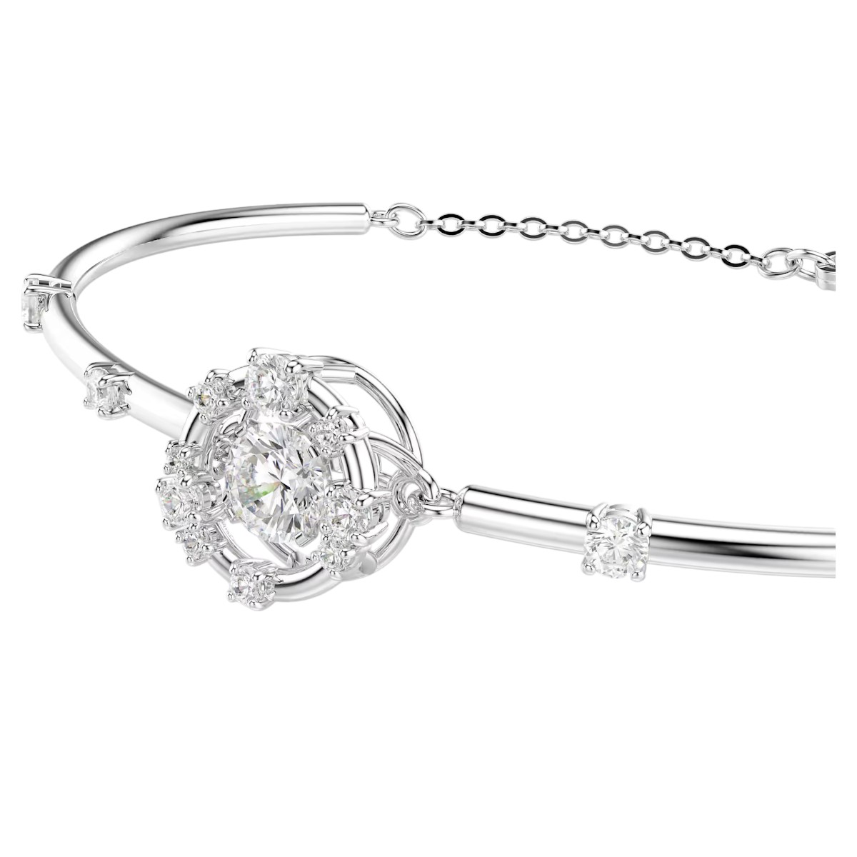 Swarovski Round Cut Dancing Stone Constella Bangle Bracelet, White and Rhodium Plated