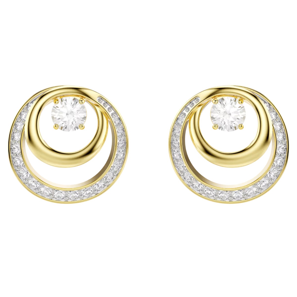 Swarovski Round Cut Hyperbola Stud Earrings, White and 18k Yellow Gold Plated