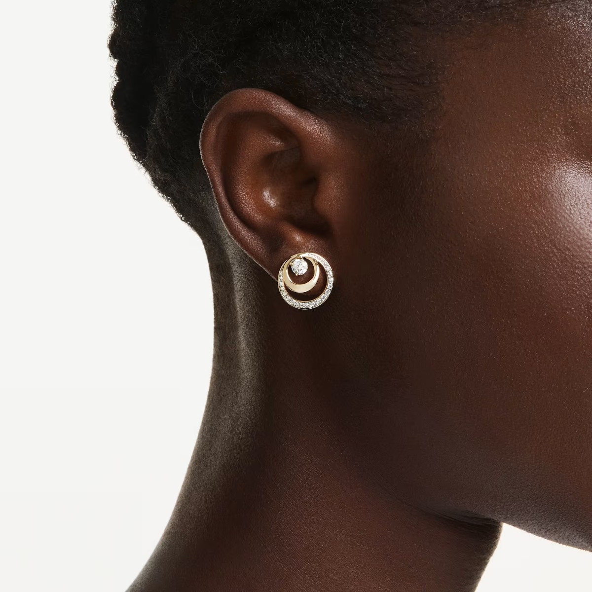 Swarovski Round Cut Hyperbola Stud Earrings, White and 18k Yellow Gold Plated