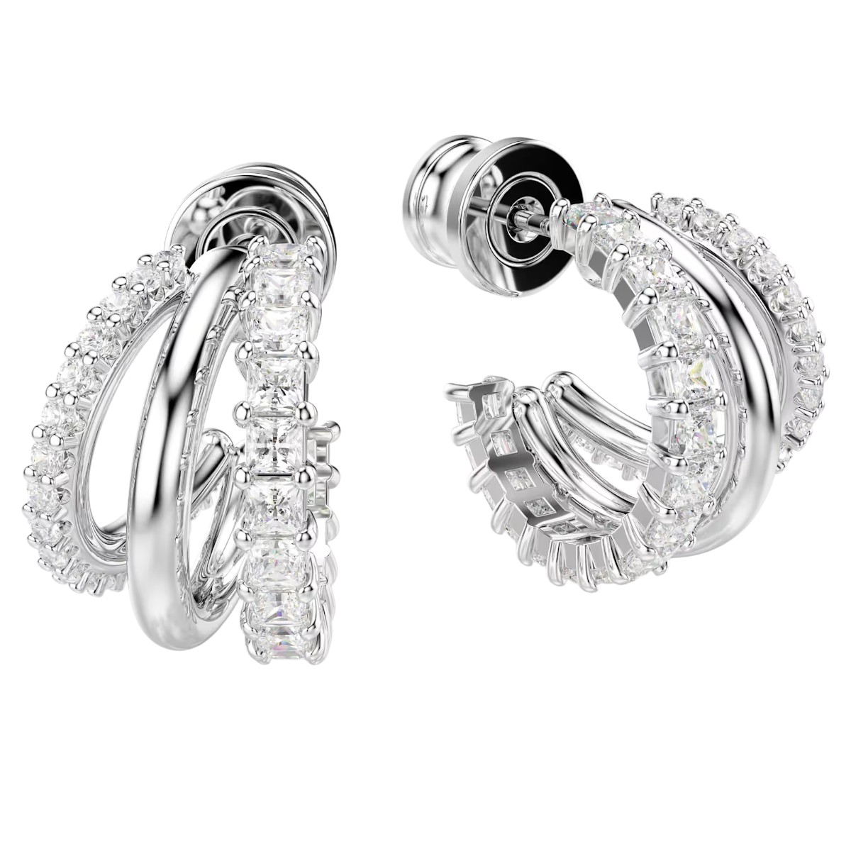 Swarovski Round Cut Hyperbola Mini Hoop Earrings, White and Rhodium Plated