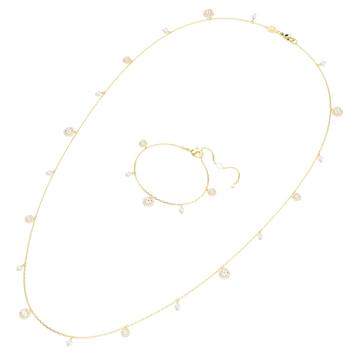 Swarovski Crystal Pearl Round Cut Una Angelic Strandage Necklace, White and Gold Tone Plated