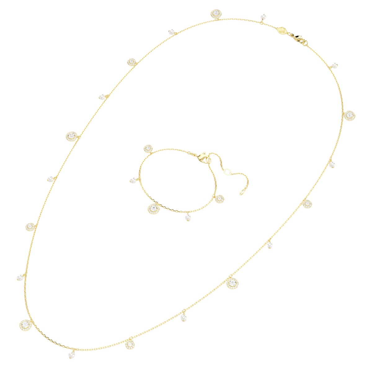 Swarovski Crystal Pearl Round Cut Una Angelic Strandage Necklace, White and Gold Tone Plated