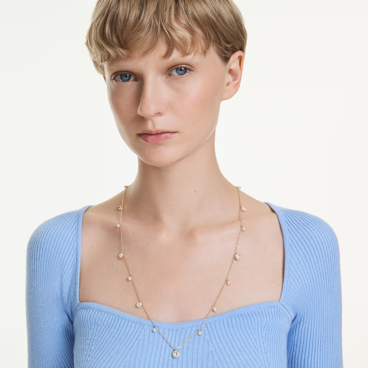 Swarovski Crystal Pearl Round Cut Una Angelic Strandage Necklace, White and Gold Tone Plated