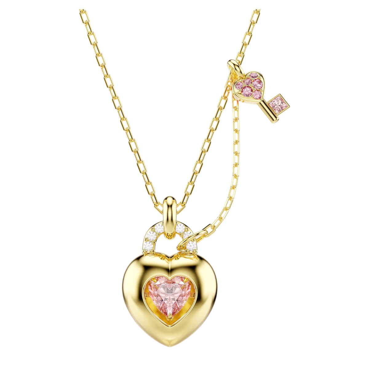 Swarovski Mixed Cuts Heart Connected To Key Idyllia Pendant Necklace, Pink and Gold Tone Plated
