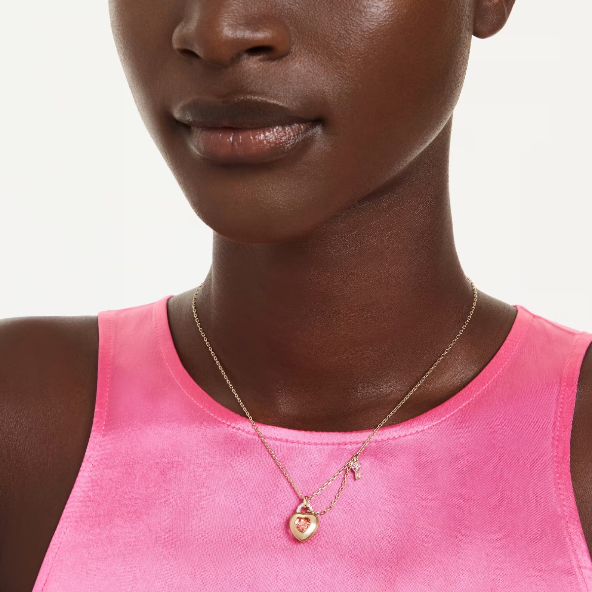 Swarovski Mixed Cuts Heart Connected To Key Idyllia Pendant Necklace, Pink and Gold Tone Plated