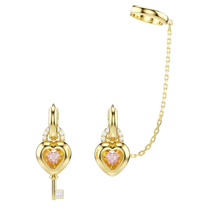Swarovski Mixed Cuts Heart with Key Idyllia Drop Earrings with Ear Cuff, Pink and Gold Tone Plated