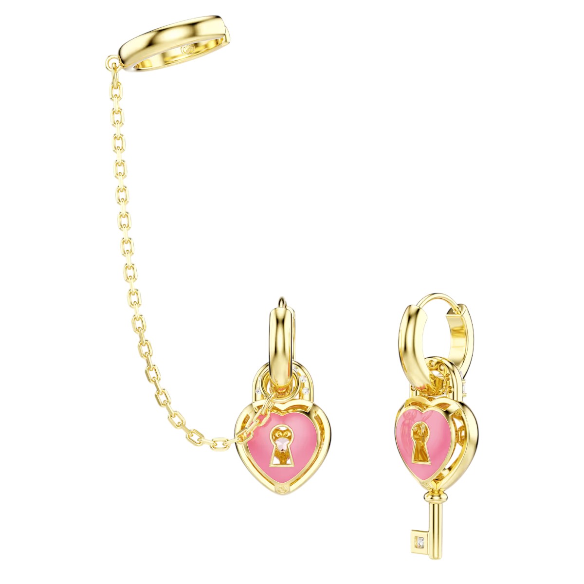 Swarovski Mixed Cuts Heart with Key Idyllia Drop Earrings with Ear Cuff, Pink and Gold Tone Plated