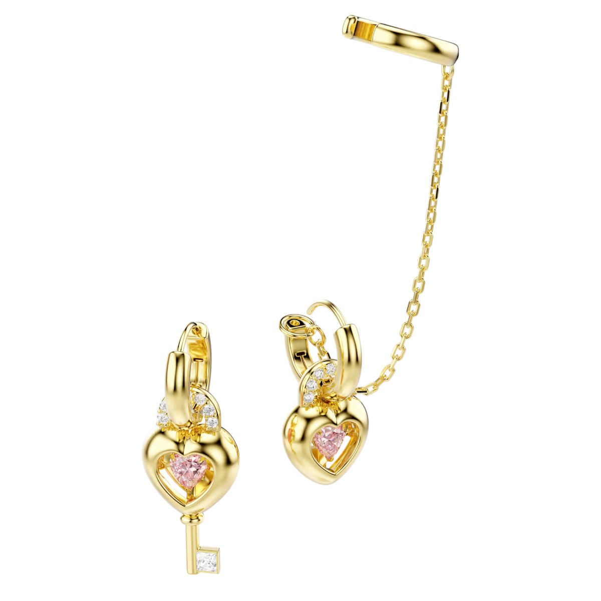 Swarovski Mixed Cuts Heart with Key Idyllia Drop Earrings with Ear Cuff, Pink and Gold Tone Plated
