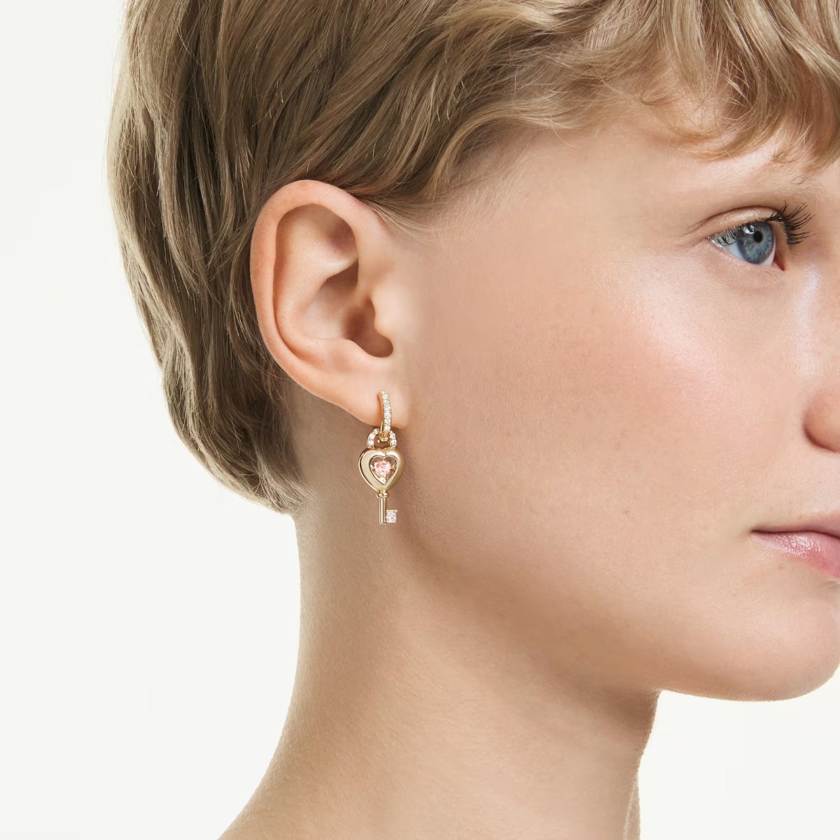 Swarovski Mixed Cuts Heart with Key Idyllia Drop Earrings with Ear Cuff, Pink and Gold Tone Plated