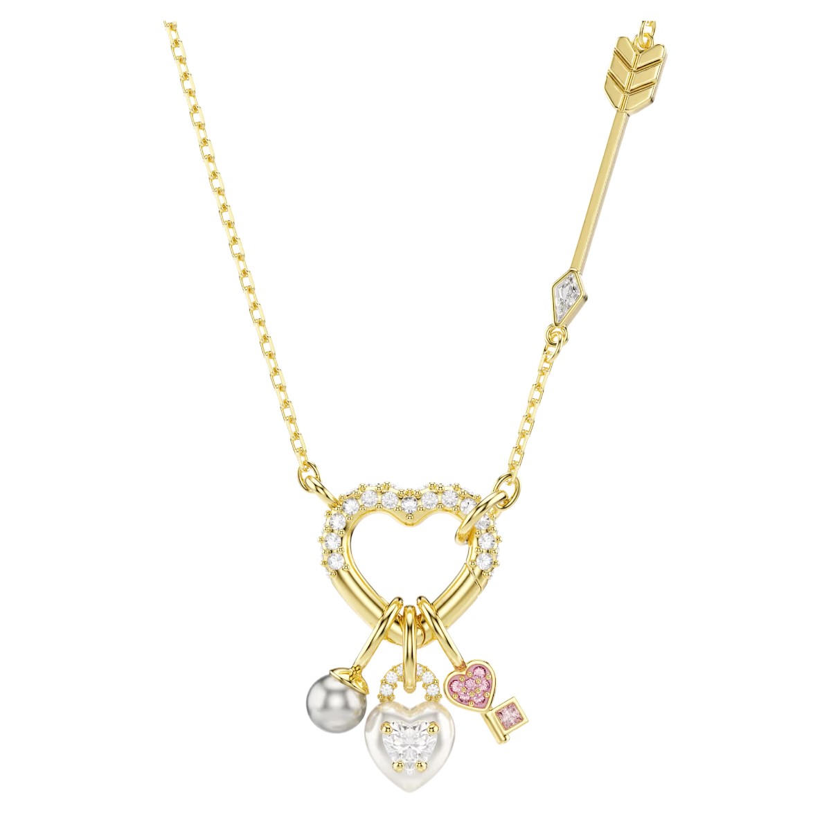 Swarovski Mixed Cuts Heart and Key Idyllia Pendant Necklace, Pink and Gold Tone Plated