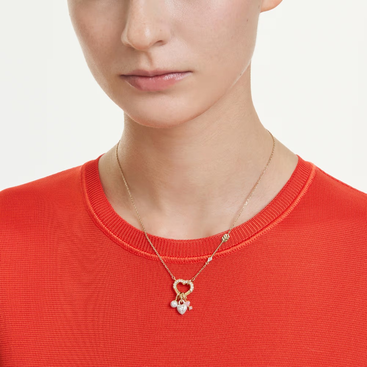 Swarovski Mixed Cuts Heart and Key Idyllia Pendant Necklace, Pink and Gold Tone Plated