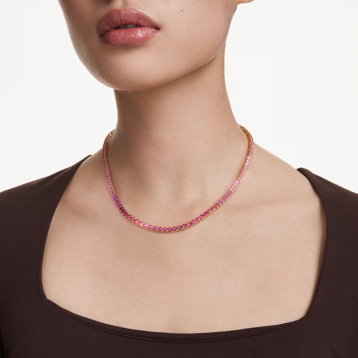 Swarovski Round Cut Matrix Tennis Necklace, Pink and Gold Tone Plated