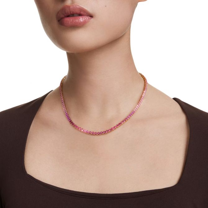Swarovski Round Cut Matrix Tennis Necklace, Pink and Gold Tone Plated