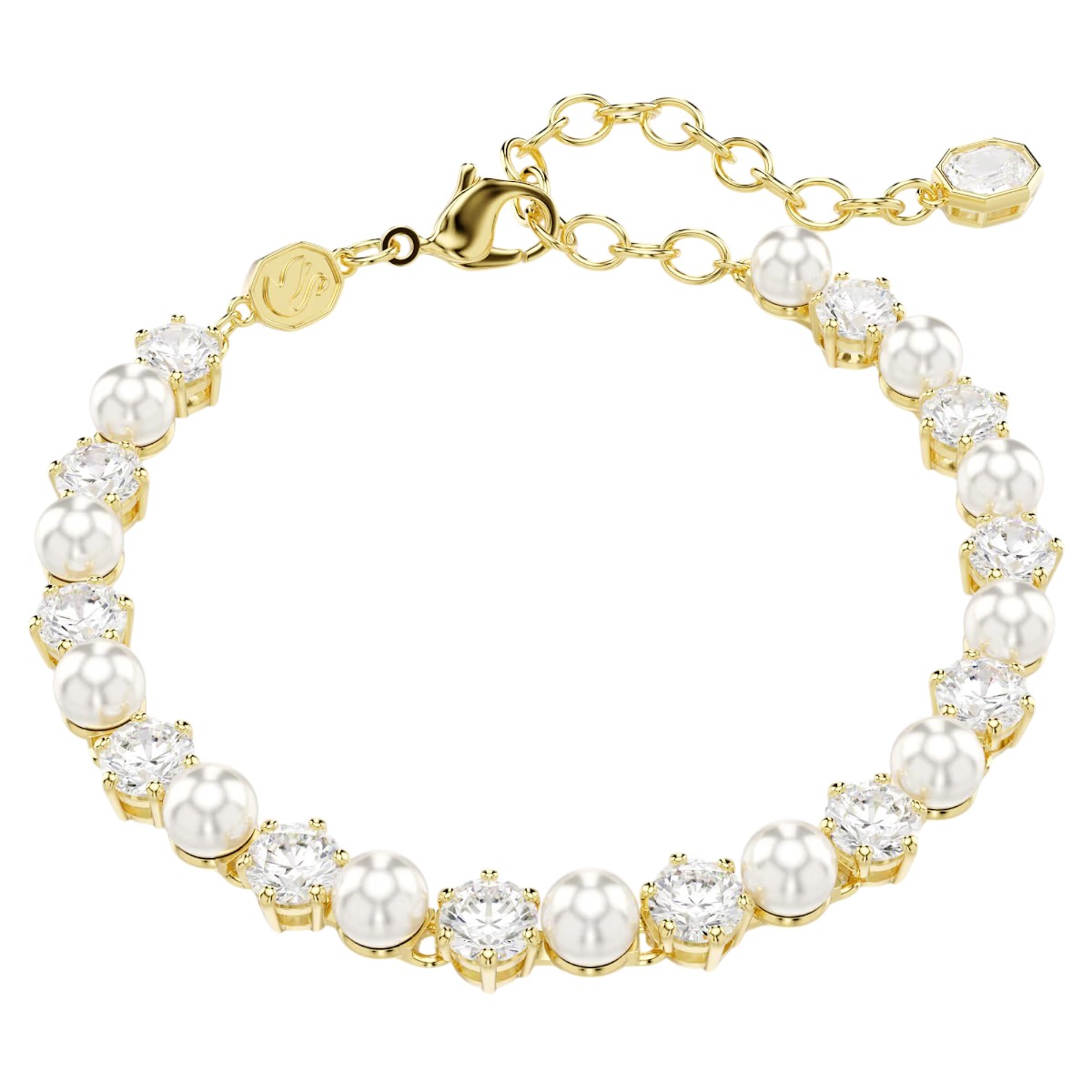 Swarovski Crystal Pearl Round Cut Matrix Tennis Bracelet, White and 18k Yellow Gold Finish