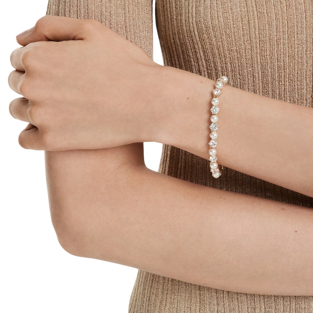 Swarovski Crystal Pearl Round Cut Matrix Tennis Bracelet, White and 18k Yellow Gold Finish