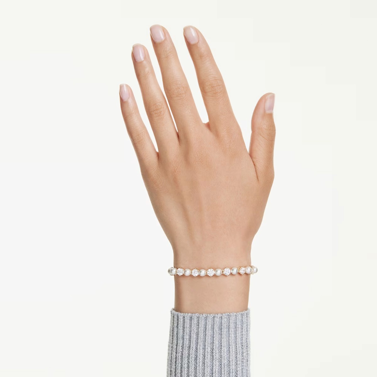 Swarovski Crystal Pearl Round Cut Matrix Tennis Bracelet, White and 18k Yellow Gold Finish