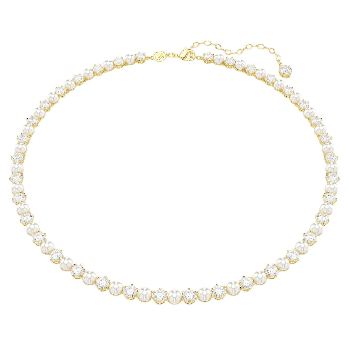 Swarovski Crystal Pearl Round Cut Matrix Tennis Necklace, White and 18k Yellow Gold Finish