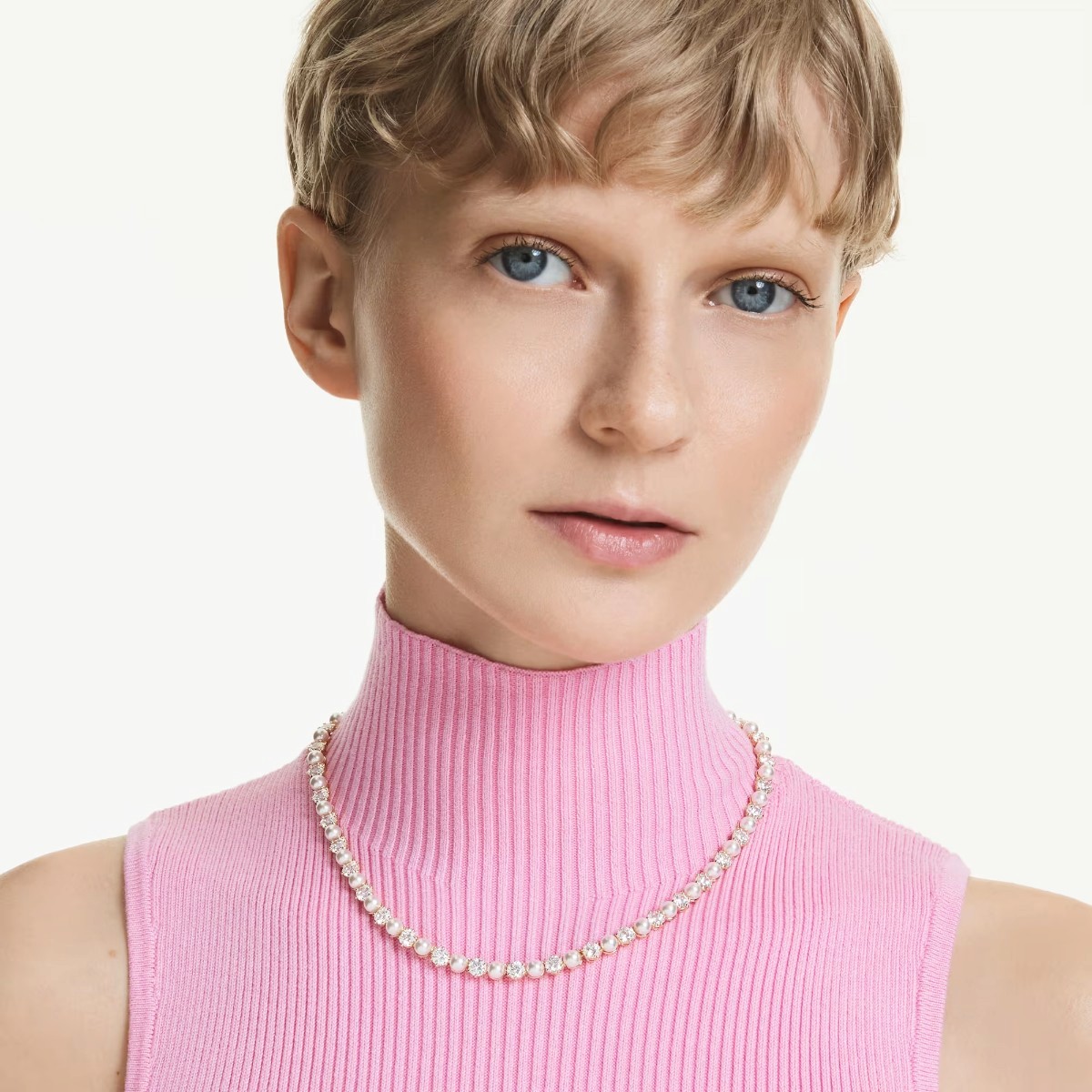 Swarovski Crystal Pearl Round Cut Matrix Tennis Necklace, White and 18k Yellow Gold Finish