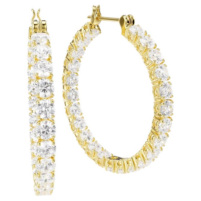 Swarovski Round Cut Matrix Hoop Earrings, White and Gold Tone Plated