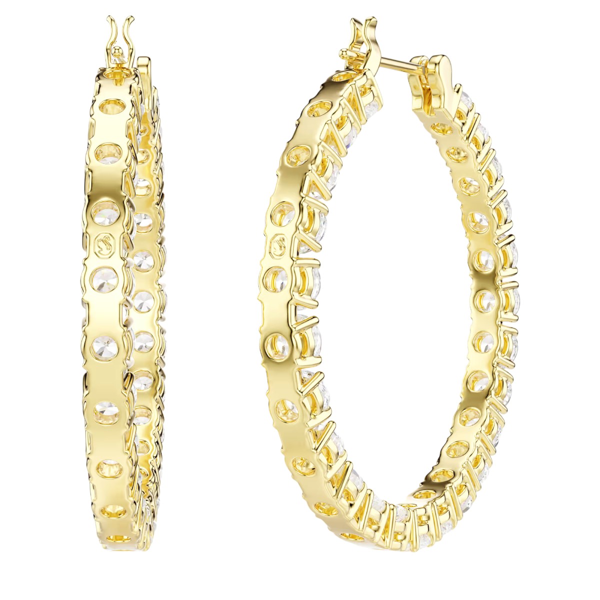 Swarovski Round Cut Matrix Hoop Earrings, White and Gold Tone Plated