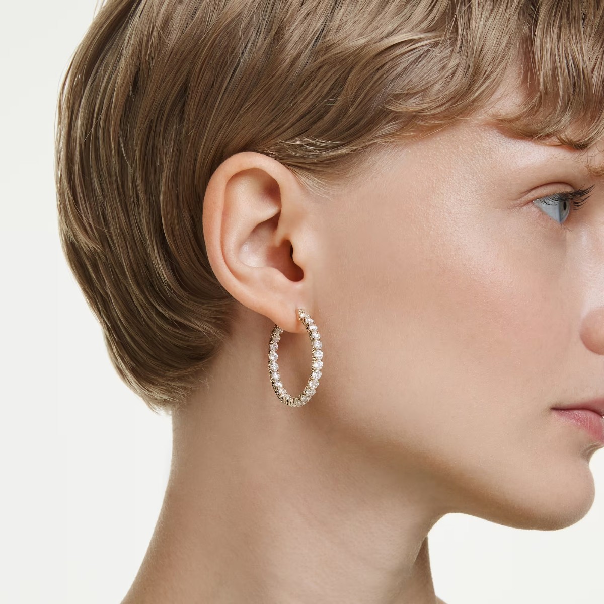 Swarovski Round Cut Matrix Hoop Earrings, White and Gold Tone Plated