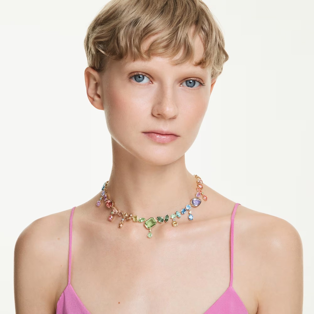 Swarovski Mixed Cuts Dangling Crystals Gema Necklace, Multicolored and Gold Tone Plated