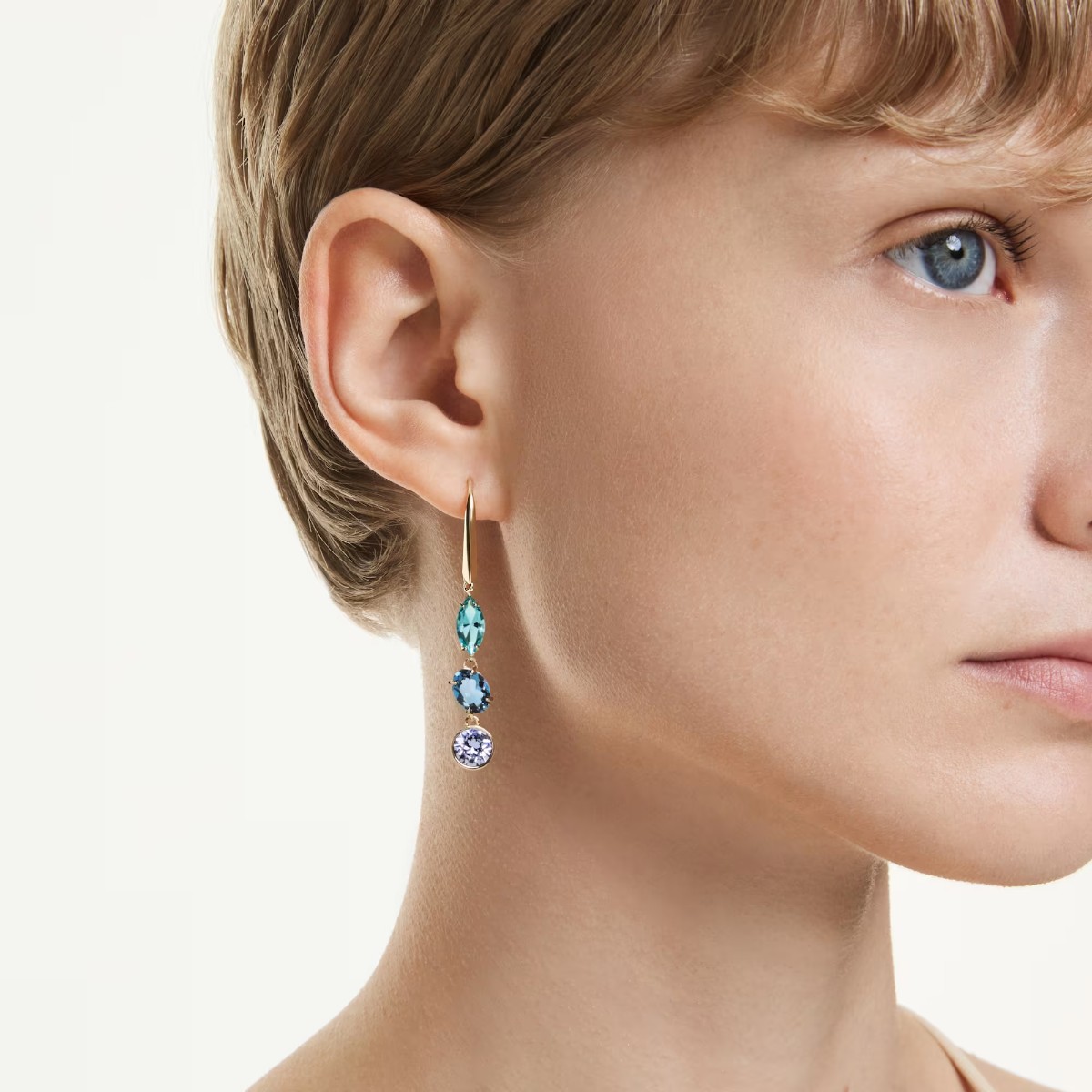 Swarovski Asymmetrical Design Mixed Cuts Gema Drop Earrings, Multicolored and Gold Tone Plated