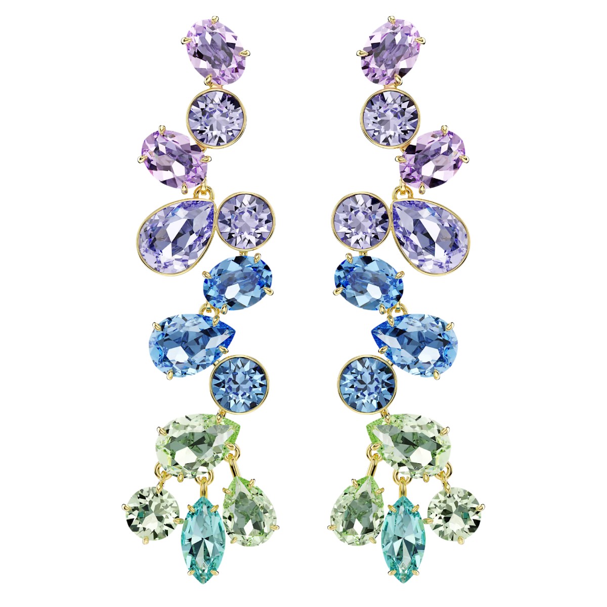 Swarovski Mixed Cuts Chandelier Long Gema Drop Earrings, Multicolored and Gold Tone Plated